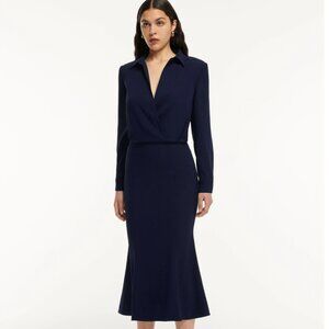 NEW WITH TAG Louland Mouret LONG SLEEVE COLLAR SATIN CREPE MIDI DRESS NAVY US4